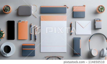 A green rectangular table with a cup of coffee and a notebook 114850510