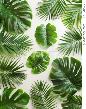 Green tropical, palm leaves, leaf branches on white background. flat lay, top view Green tropical, palm leaves, leaf branches on white background. flat lay, top view 114850527