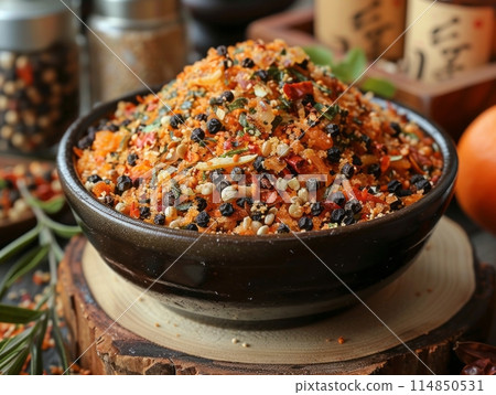 Organic Japanese Seven Spice Shichimi in a Bowl Organic Japanese Seven Spice Shichimi in a Bowl 114850531