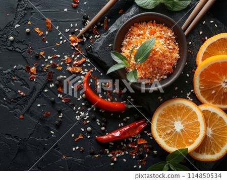 Organic Japanese Seven Spice Shichimi in a Bowl 114850534