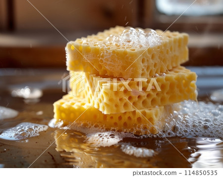 Three colorful sponges stacked on wooden background 114850535