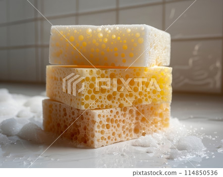 Three colorful sponges stacked on marble background 114850536