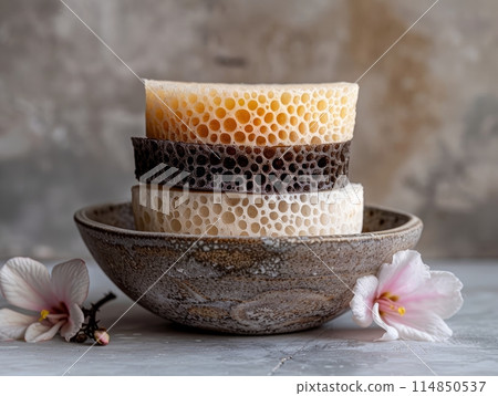Three colorful sponges stacked on marble background Three colorful sponges stacked on marble background 114850537