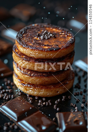 Japanese Dorayaki pancake covered with chocolate mousse toped with chocolate 114850546