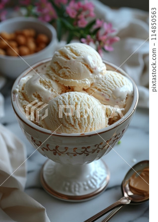 Homemade peanut butter ice cream with peanuts in bowl and flowers Homemade peanut butter ice cream with peanuts in bowl and flowers 114850563