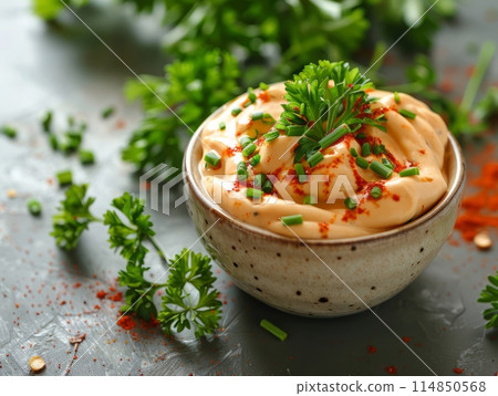 Spicy mayo is a condiment made by combining mayonnaise with spicy ingredients 114850568