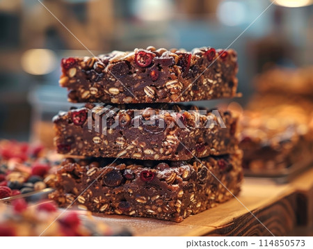Healthy bars with nuts, seeds and dried fruits on the table, 114850573