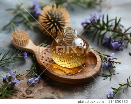 Hair scalp massager with shampoo , brushes and cosmetic oil on background Hair scalp massager with shampoo , brushes and cosmetic oil on background 114850583