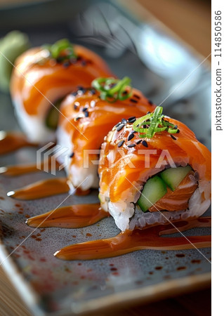 Philadelphia roll sushi with salmon, prawn, avocado, cream cheese. Sushi menu. Japanese food. 114850586
