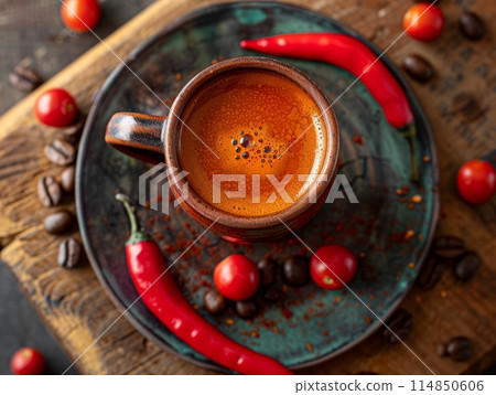 Hot Coffee and Mild Chili Peppers: Spicy Beverage Concept Hot Coffee and Mild Chili Peppers: Spicy Beverage Concept 114850606