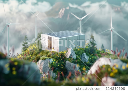 House with solar panels on roof atop hill, surrounded by wind turbines in nature 114850608