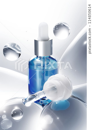 Floating glass dropper bottle with serum or oil and flying water drop 114850614