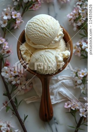 Homemade peanut butter ice cream with peanuts in bowl and flowers 114850626