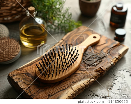 Hair scalp massager with shampoo , brushes and cosmetic oil on background Hair scalp massager with shampoo , brushes and cosmetic oil on background 114850633