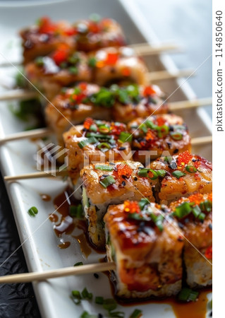 Philadelphia roll sushi with salmon, prawn, avocado, cream cheese. Sushi menu. Japanese food. 114850640