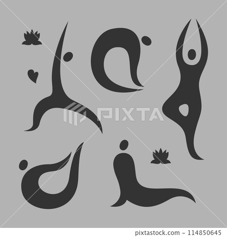 Yoga set. Abstract silhouettes of girls in 5 different poses. Flat monochrome illustration. Yoga set. Abstract silhouettes of girls in 5 different poses. Flat monochrome illustration. 114850645