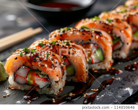 Japanese sushi rolls with tuna, salmon, shrimp, crab and avocado on plate Japanese sushi rolls with tuna, salmon, shrimp, crab and avocado on plate 114850646