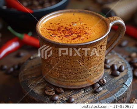 Hot Coffee and Mild Chili Peppers: Spicy Beverage Concept 114850653