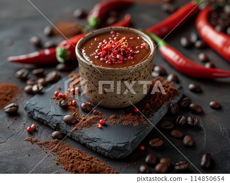 Hot Coffee and Mild Chili Peppers: Spicy Beverage Concept Hot Coffee and Mild Chili Peppers: Spicy Beverage Concept 114850654
