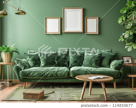 Green sofa complements green walls in a harmonious living room design and frame mockup 114850677