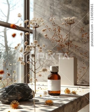 Marble countertop with two glass bottles of lotion and towels Marble countertop with two glass bottles of lotion and towels 114850681