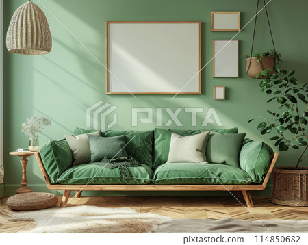 Green sofa complements green walls in a harmonious living room design and frame mockup 114850682