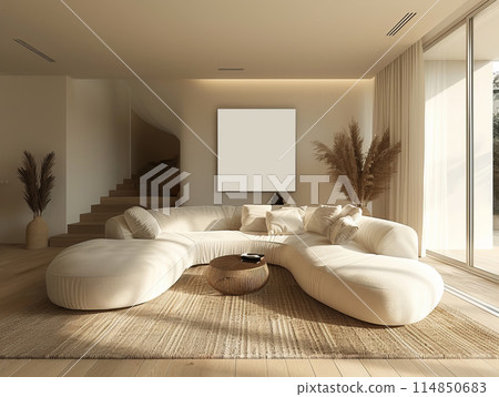 A cozy living room with a comfy couch and a painting mockup on the wall 114850683