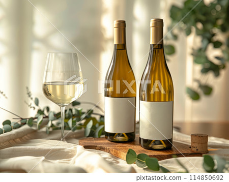 Beautiful eucalyptus and bottle of wine on table against light background 114850692