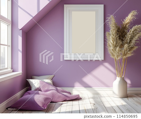 Chair complements walls in a harmonious living room design and frame mockup Chair complements walls in a harmonious living room design and frame mockup 114850695