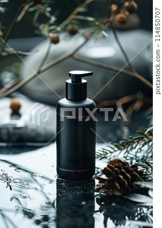 Cosmetic bottle in front of a waterfall in nature Cosmetic bottle in front of a waterfall in nature 114850707