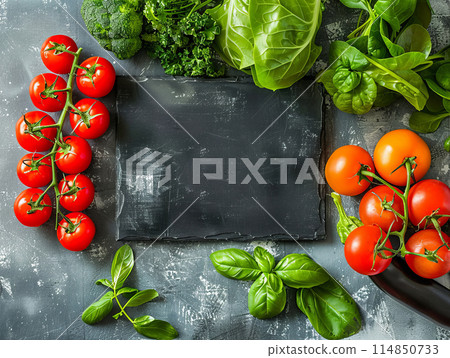 Organic food. Fresh vegetables and fruits with the black chalkboard. 114850733