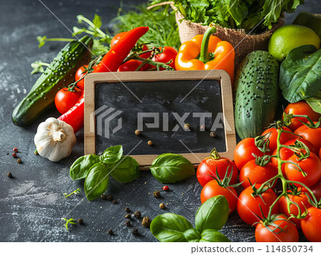 Organic food. Fresh vegetables and fruits with the black chalkboard. 114850734