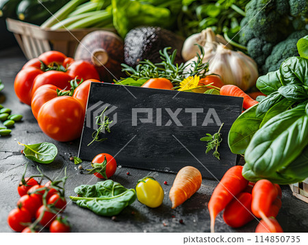 Organic food. Fresh vegetables and fruits with the black chalkboard. 114850735