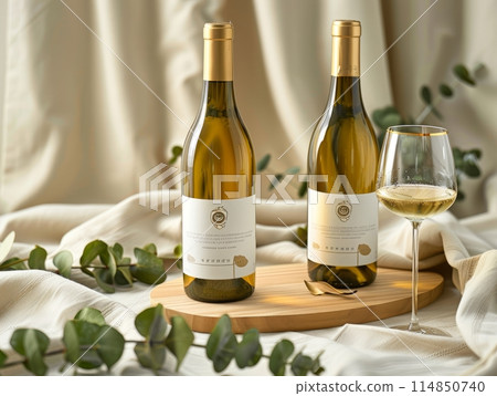 Beautiful eucalyptus and bottle of wine on table against light background 114850740