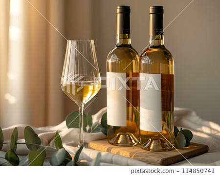 Beautiful eucalyptus and bottle of wine on table against light background 114850741