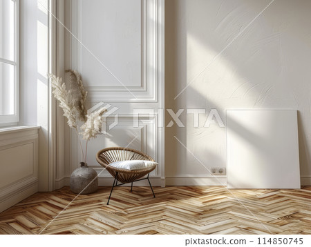 Chair complements walls in a harmonious living room design and frame mockup Chair complements walls in a harmonious living room design and frame mockup 114850745
