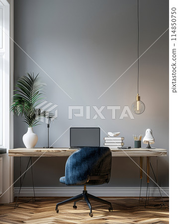 A laptop mockup sits on the table in the living room, next to a potted plant 114850750