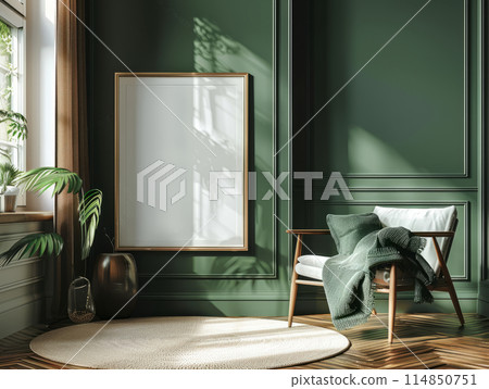 Chair complements green walls in a harmonious living room design and frame mockup Chair complements green walls in a harmonious living room design and frame mockup 114850751