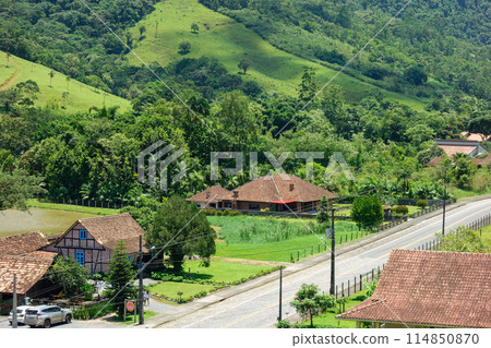 Half-timbered house of german immigrants in the countryside of Pomerode, Santa Catarina, Brazil 114850870