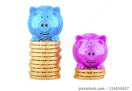 Blue piggy bank and pink on stacks of coins. Gender pay gap, concept, 3D rendering Blue piggy bank and pink on stacks of coins. Gender pay gap, concept, 3D rendering 114850957
