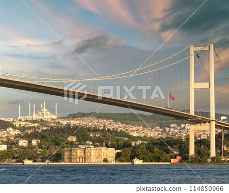 Sunset aerial shot of Istanbul city overlooking Bosphorus strait, with Bosphorus Bridge, Istanbul, Turkey Sunset aerial shot of Istanbul city overlooking Bosphorus strait, with Bosphorus Bridge, Istanbul, Turkey 114850966