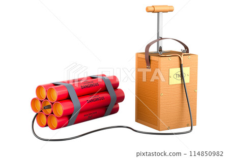 TNT bomb explosive with Blasting machine, shot exploder. 3D rendering TNT bomb explosive with Blasting machine, shot exploder. 3D rendering 114850982