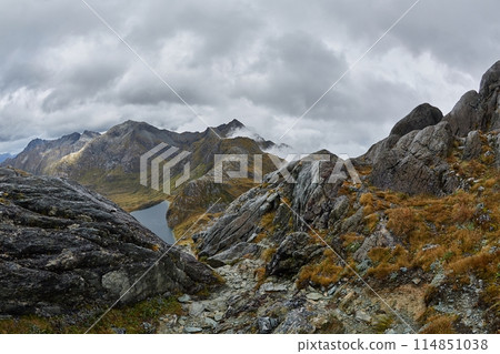 High mountain hiking trail on Routeburn track High mountain hiking trail on Routeburn track 114851038