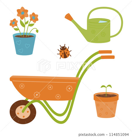 Gardening and planting kit - garden wheelbarrow, watering can, potted flower, ladybug. Vector illustration on a white background. 114851094