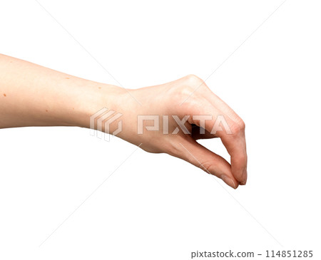 Pinch hand, finger isolated thumb. Pick hold female woman, white gesture sign. Card small something, 114851285