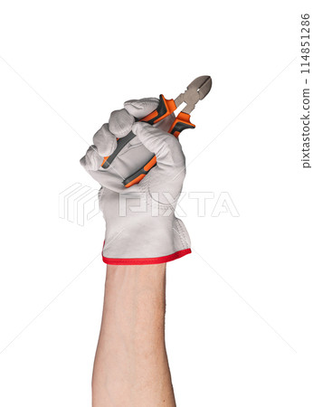 Pliers cutter, isolated tool cut plier. White hand nippers background side. Work insulation Pliers cutter, isolated tool cut plier. White hand nippers background side. Work insulation 114851286
