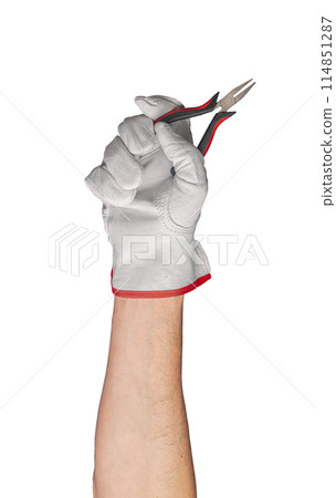Pliers tool, isolated plier background. Hand mechanic holding cut electrical plumbing. Industrial Pliers tool, isolated plier background. Hand mechanic holding cut electrical plumbing. Industrial 114851287