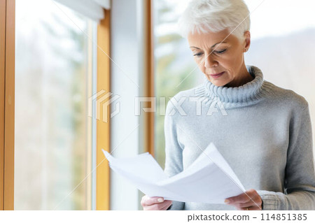 Elderly woman, retired female at home. Senior person reading finance documents, lifestyle of mature 114851385