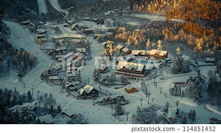 Snowy winter landscape in Asian village, cold travel view. Seasonal, white surroundings. 114851432