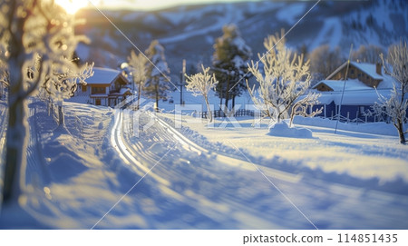 Snowy winter landscape, cold nature and icy mountains. White snow under clear sky. Snowy winter landscape, cold nature and icy mountains. White snow under clear sky. 114851435